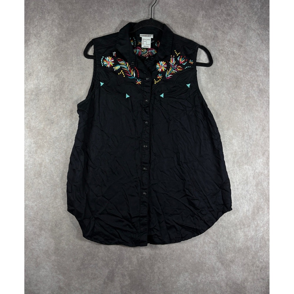 Ariat Top Women Large Black Sleeveless Embroidered Snap Button Western Boho